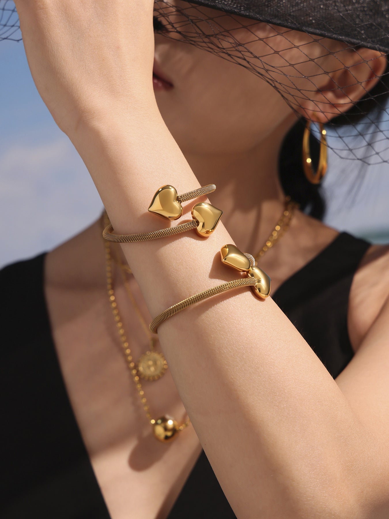 Gold Double Heart Mesh Bracelet Styling - Black Dress Outfit Jewelry