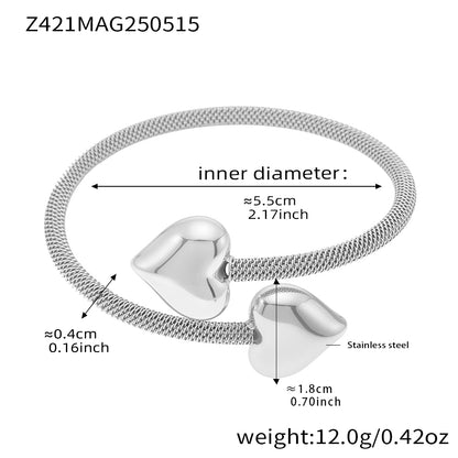 Silver Double Heart Bracelet Size Chart - Stainless Steel Bangle Dimensions