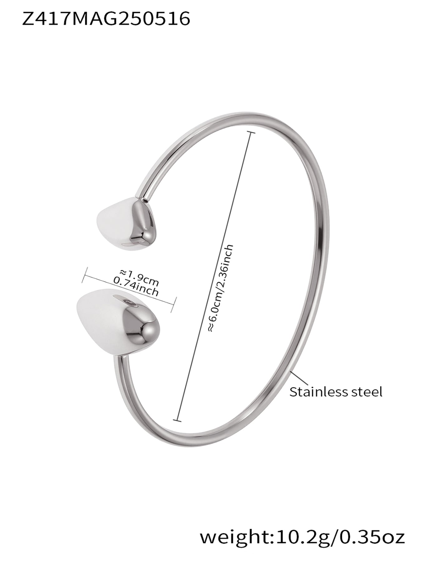 silver double heart open bangle size weight chart - stainless steel jewelry dimensions