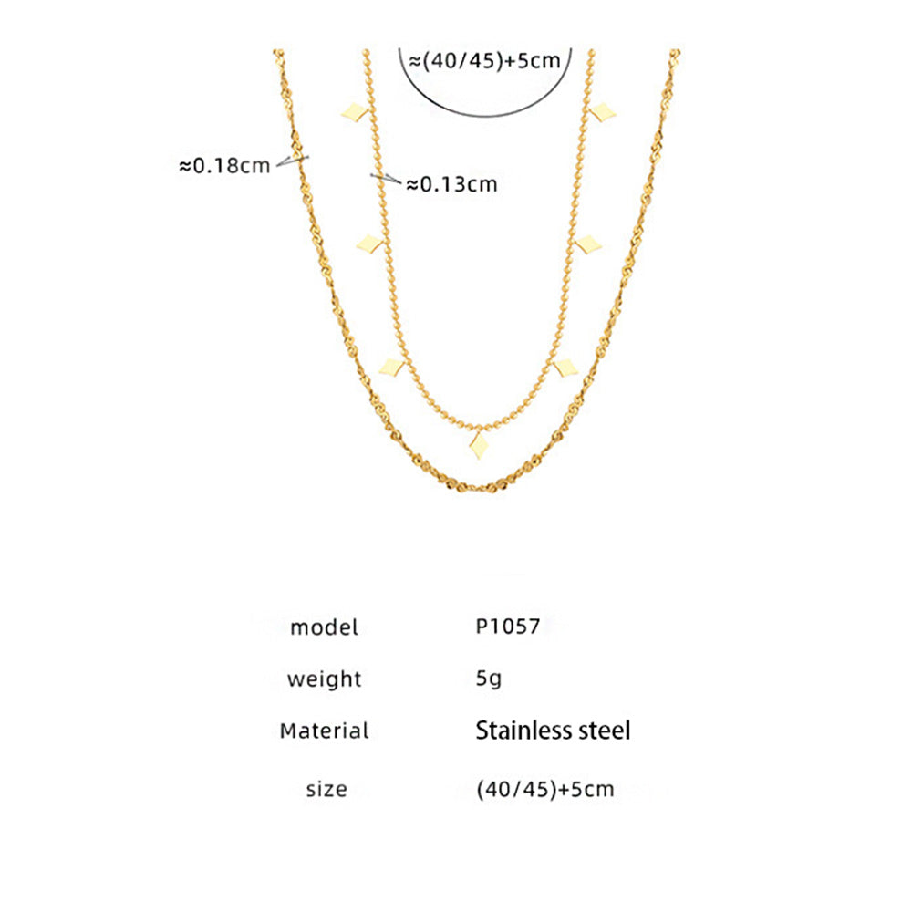 Size guide for a double-layer geometric charm necklace in stainless steel
