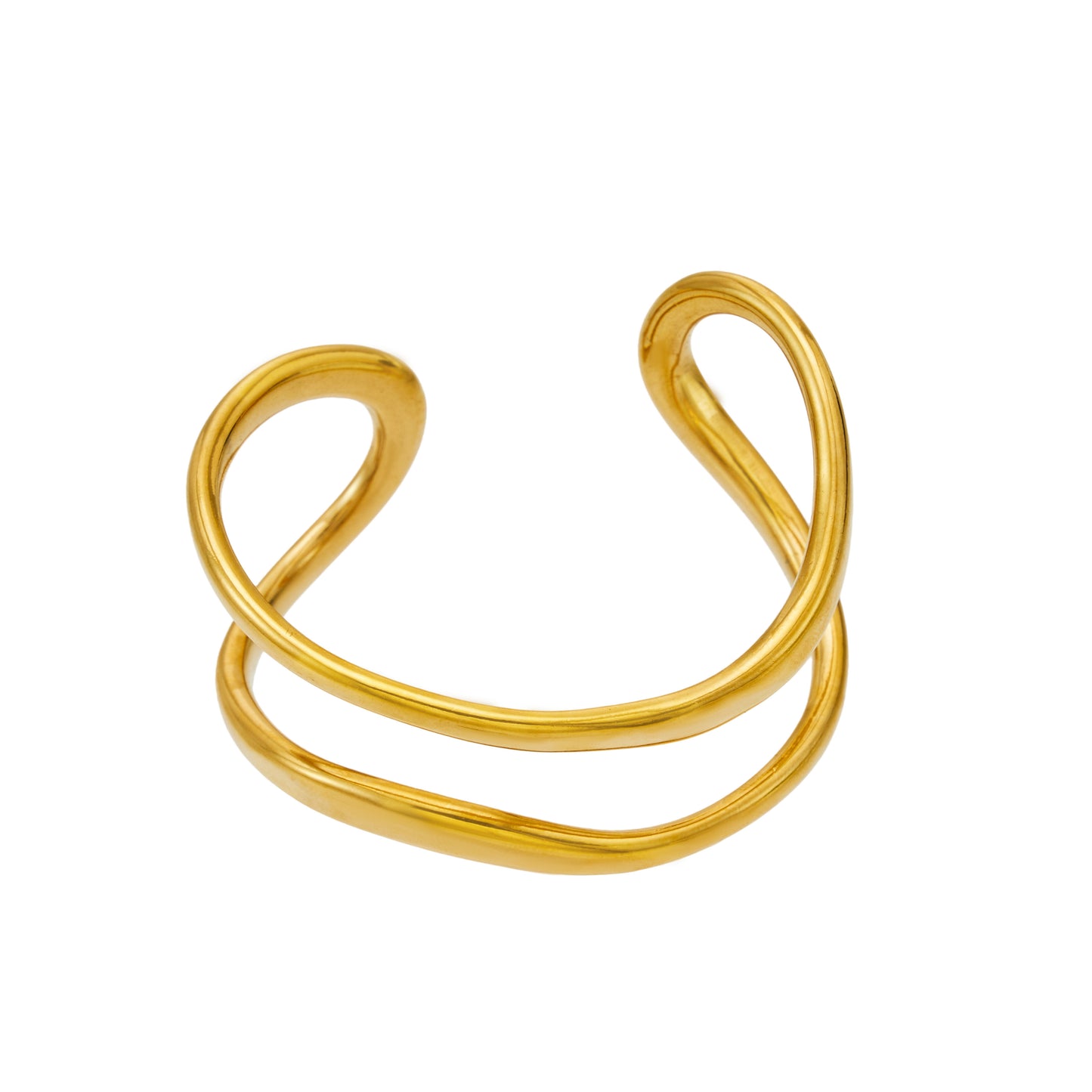 Gold double loop cuff bracelet with a sculptural open-ended double-band design