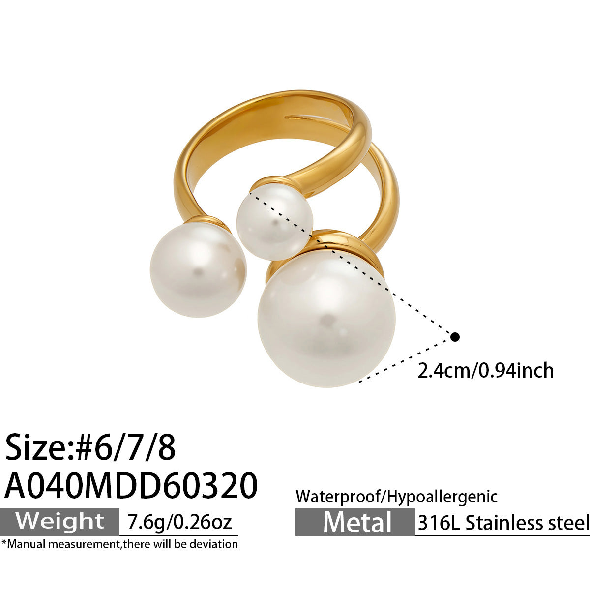 Gold double pearl open ring size, pearl dimensions and product specification guide