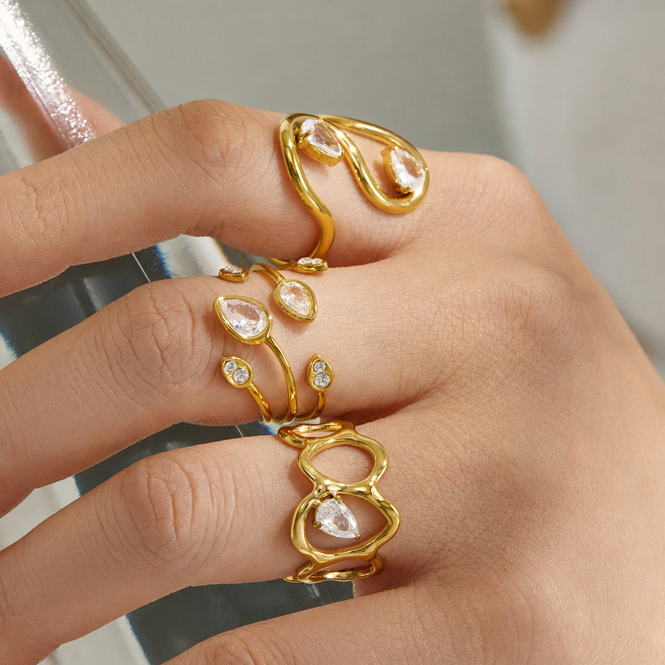 316L Stainless Steel 18K PVD Gold Droplet Zircon Ring made with 316L stainless steel and 18K PVD gold finish for wholesale jewelry buyers - image 12
