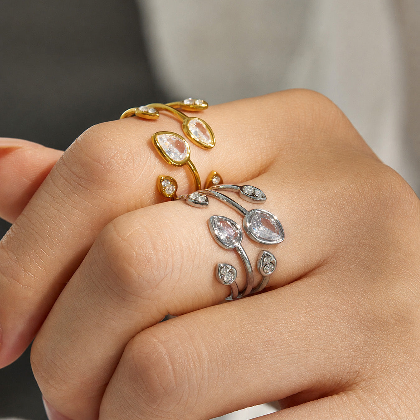 316L Stainless Steel 18K PVD Gold Droplet Zircon Ring made with 316L stainless steel and 18K PVD gold finish for wholesale jewelry buyers - image 17