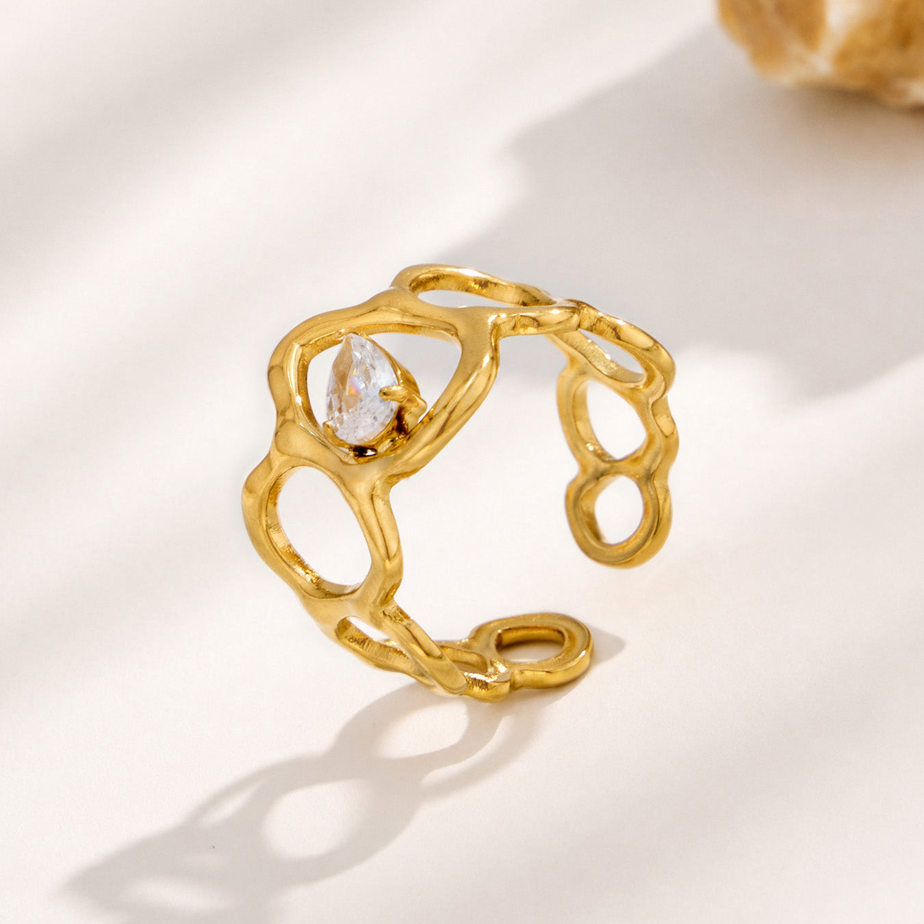 316L Stainless Steel 18K PVD Gold Droplet Zircon Ring made with 316L stainless steel and 18K PVD gold finish for wholesale jewelry buyers - image 9