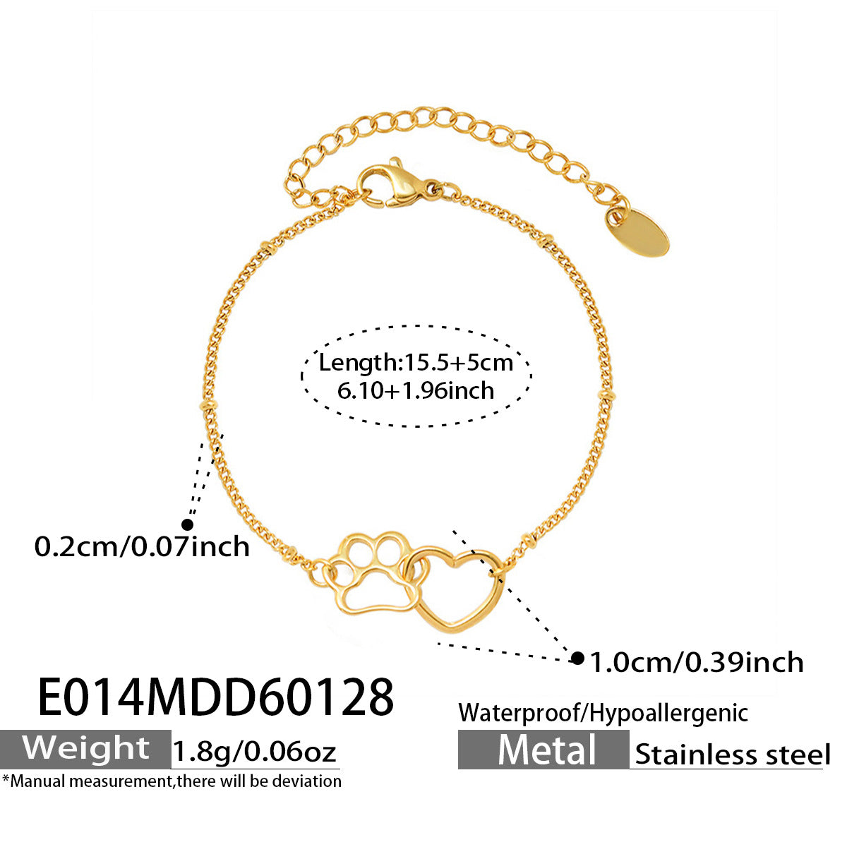 E014 paw print heart chain bracelet 15.5 plus 5 cm size and product detail guide
