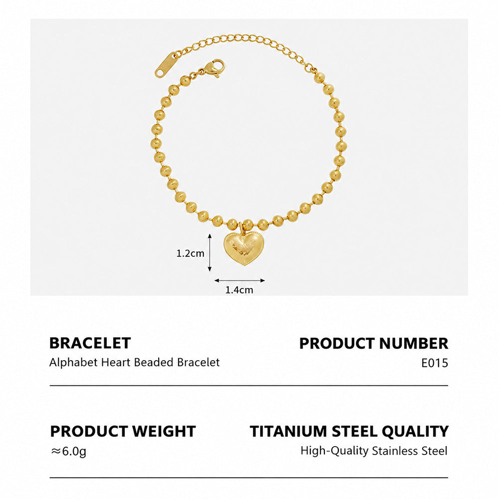 E015 engraved heart charm beaded bracelet size and product detail guide