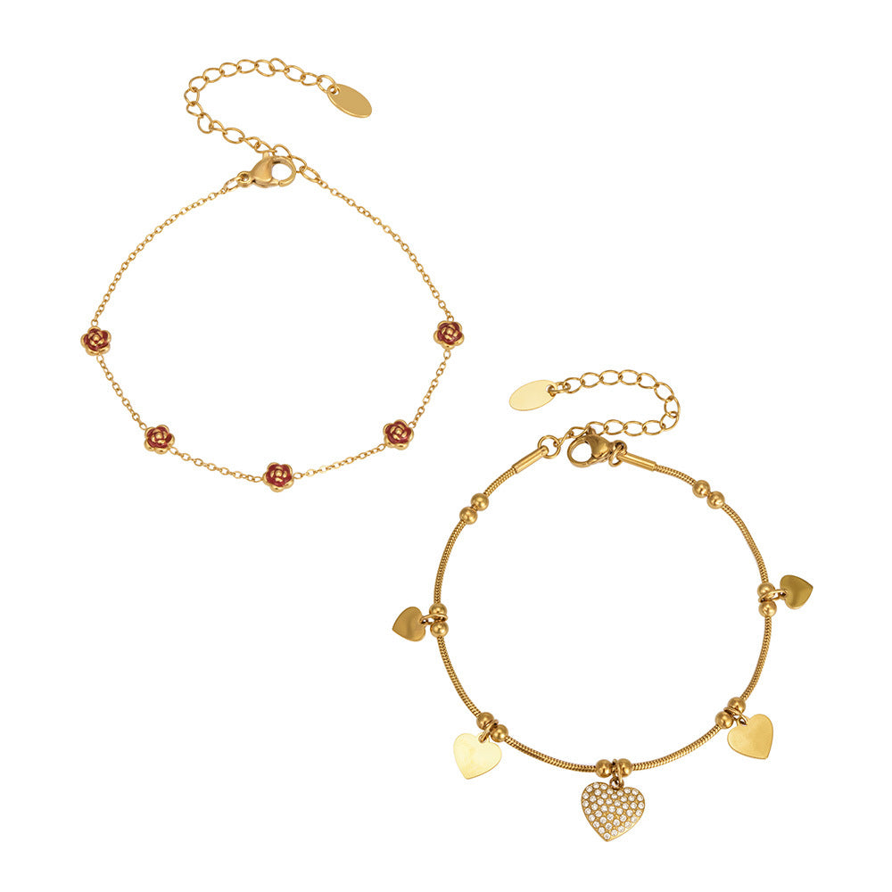316L Stainless Steel 18K PVD Heart & Rose Charm Bracelet Collection