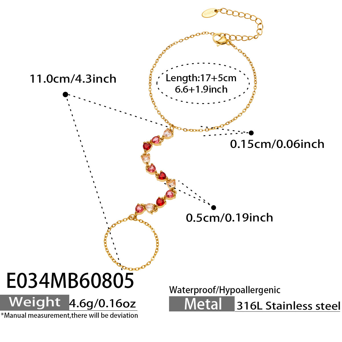 E034 blue cubic zirconia hand chain bracelet size and product detail guide