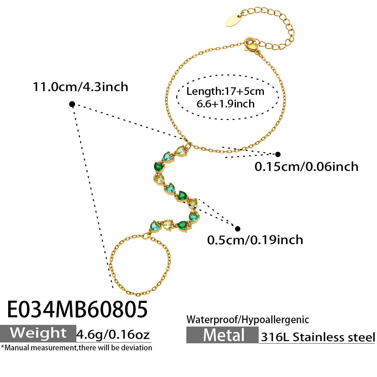 E034 multicolor 5A cubic zirconia hand chain bracelet size and product detail guide