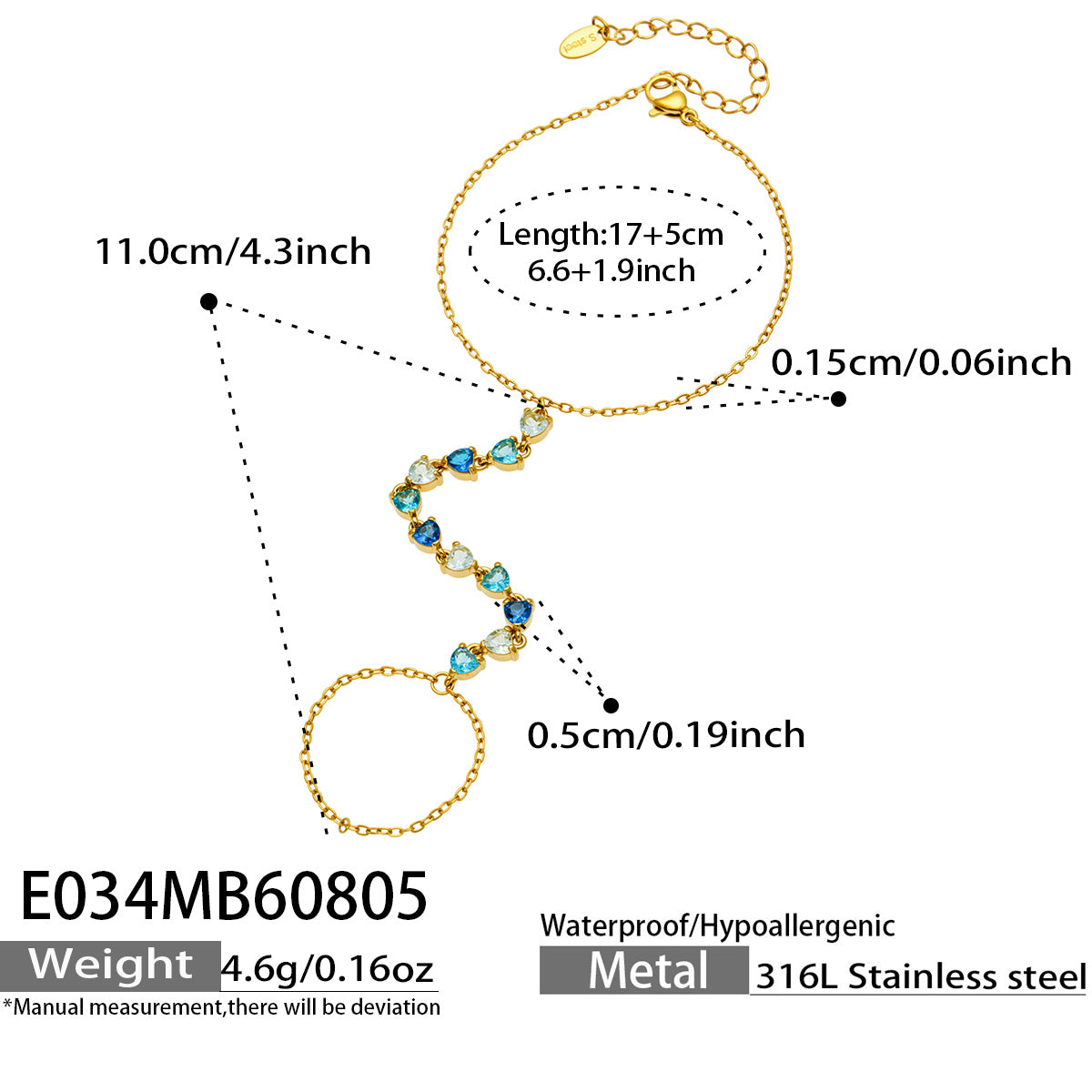 E034 white cubic zirconia hand chain bracelet size and product detail guide