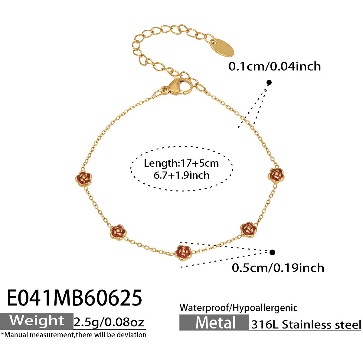 316L Stainless Steel 18K PVD Heart & Rose Charm Bracelet Collection