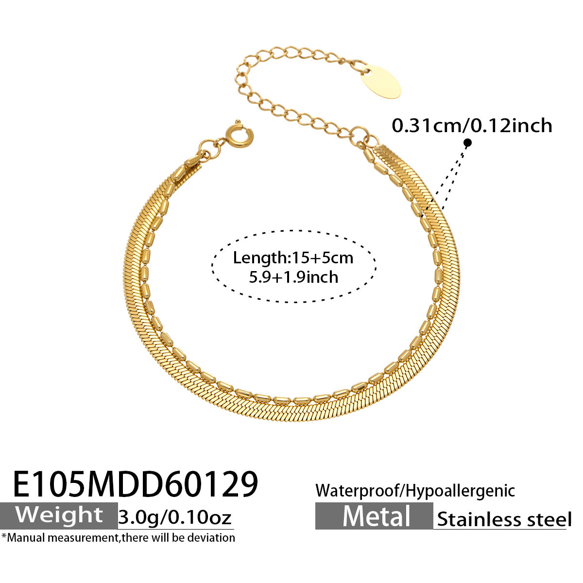 Miduoduo E105 Bracelet Gold - Dimension & Weight Specifications