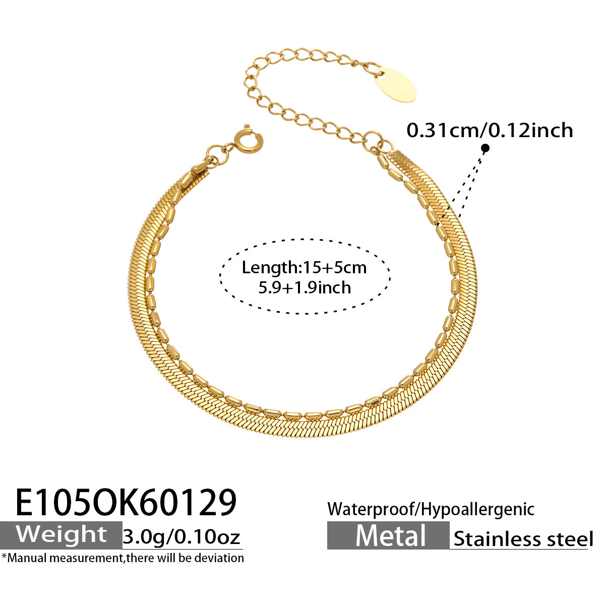Miduoduo E105 Bracelet Gold - Dimension & Weight Specifications