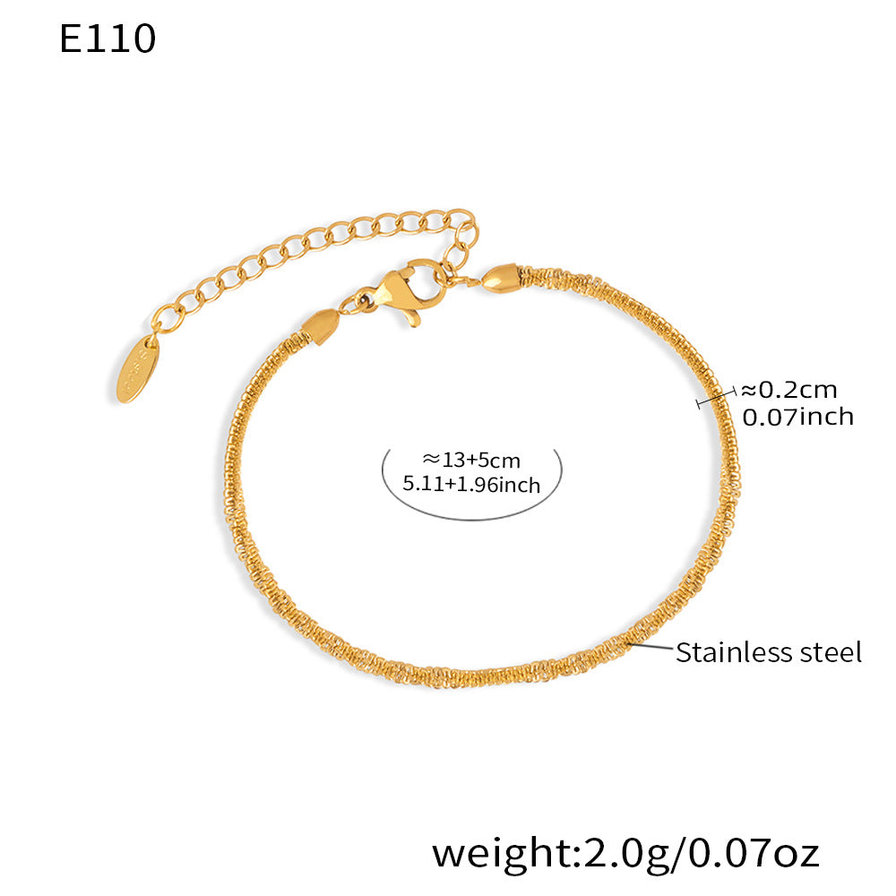 E110 gold rope chain bracelet size card showing 13 plus 5cm adjustable length, 0.2cm width and stainless steel material