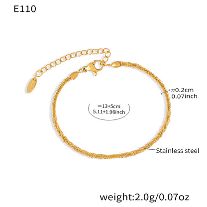 E110 gold rope chain bracelet size card showing 13 plus 5cm adjustable length, 0.2cm width and stainless steel material