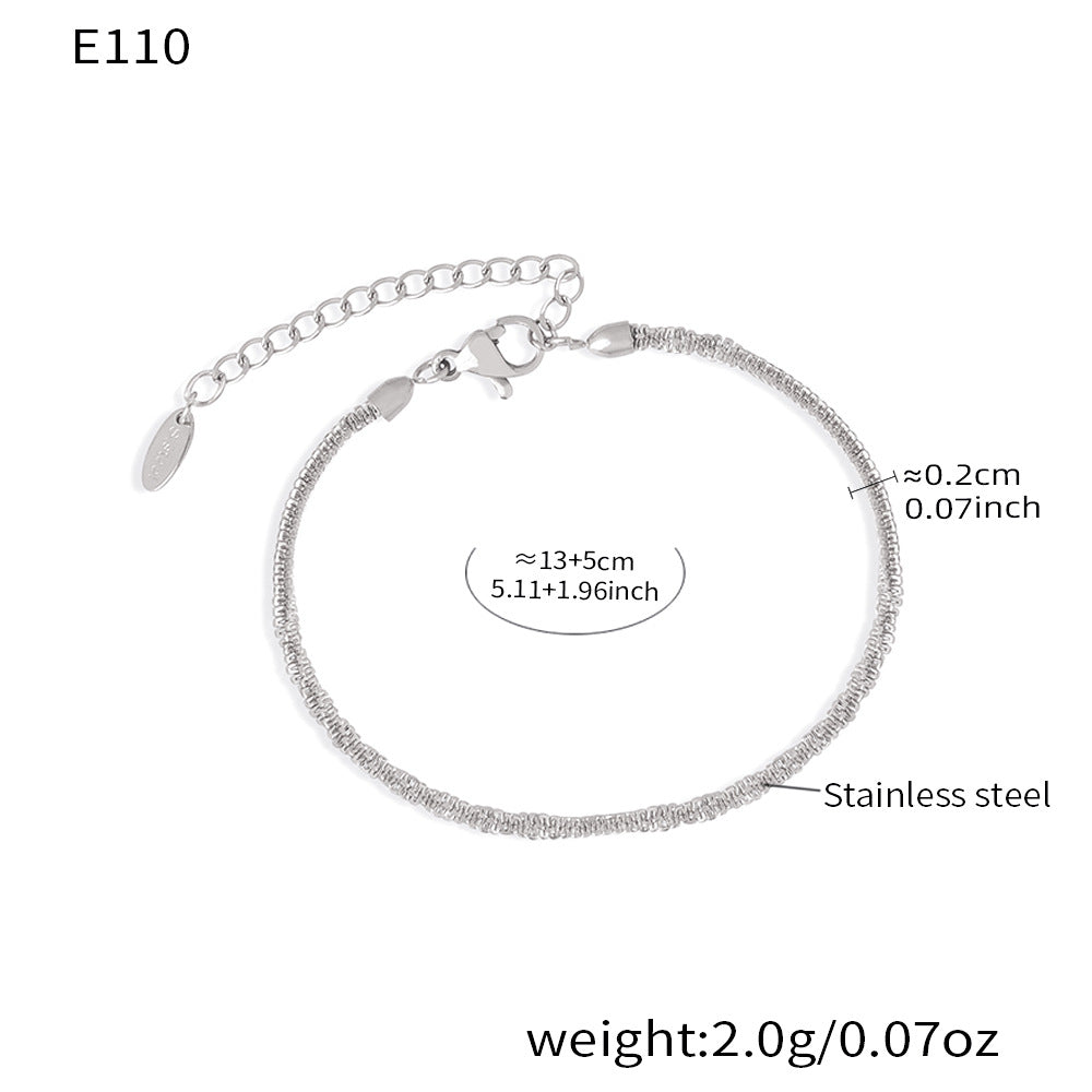 E110 steel rope chain bracelet size card showing 13 plus 5cm adjustable length, 0.2cm width and stainless steel material