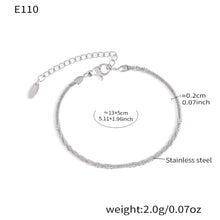 E110 steel rope chain bracelet size card showing 13 plus 5cm adjustable length, 0.2cm width and stainless steel material