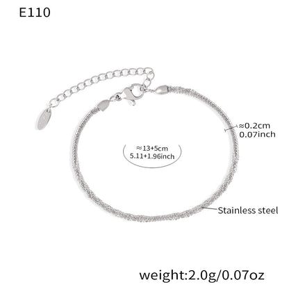 E110 steel rope chain bracelet size card showing 13 plus 5cm adjustable length, 0.2cm width and stainless steel material