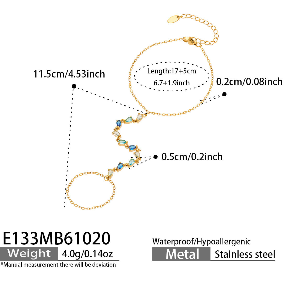 E133 blue CZ gold-tone hand chain bracelet size guide showing 17 cm wrist chain, 5 cm extension and 4.0 g weight