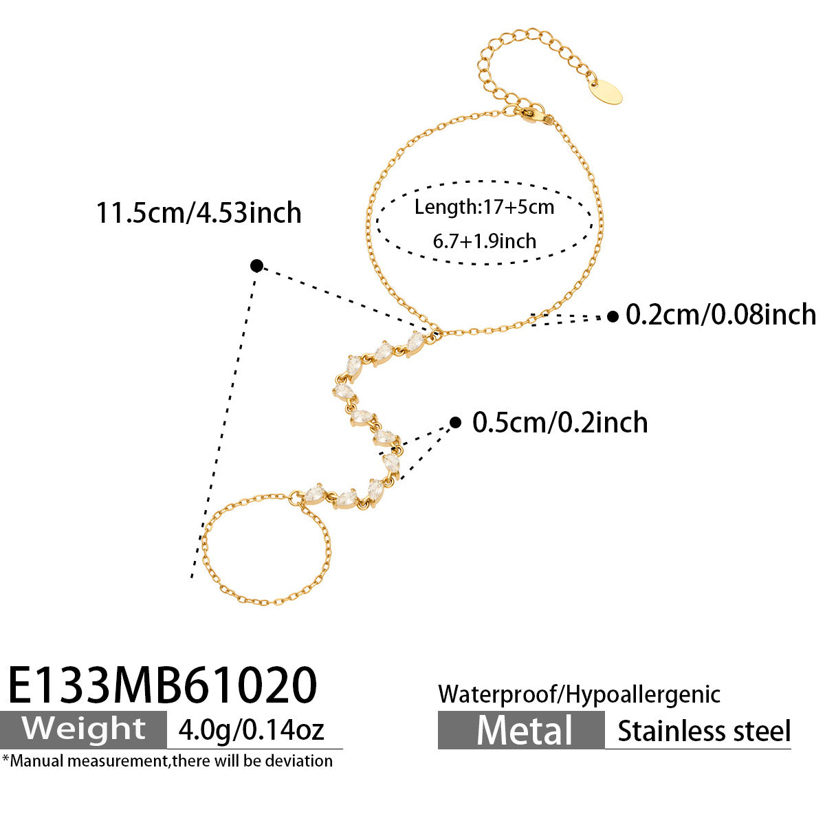 E133 clear CZ gold-tone hand chain bracelet size guide showing 17 cm wrist chain, 5 cm extension and 4.0 g weight