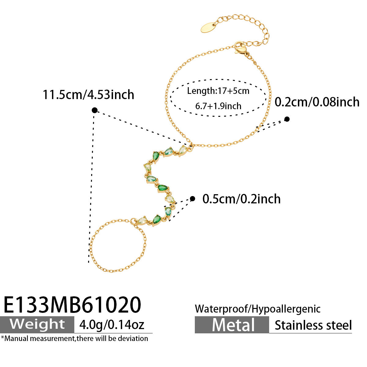 E133 green CZ gold-tone hand chain bracelet size guide showing 17 cm wrist chain, 5 cm extension and 4.0 g weight
