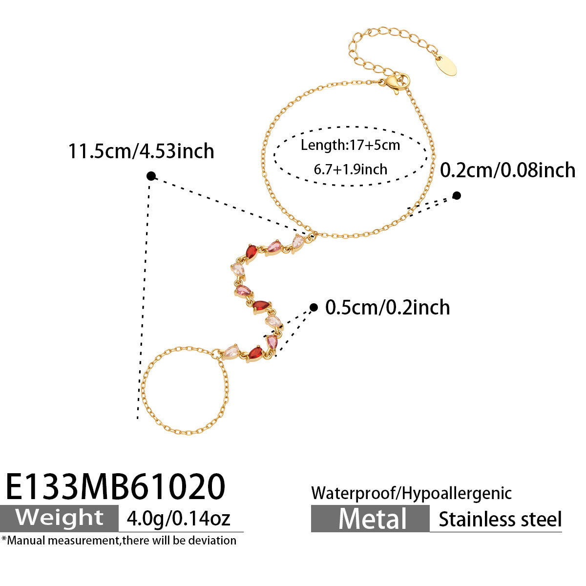 E133 red CZ gold-tone hand chain bracelet size guide showing 17 cm wrist chain, 5 cm extension and 4.0 g weight