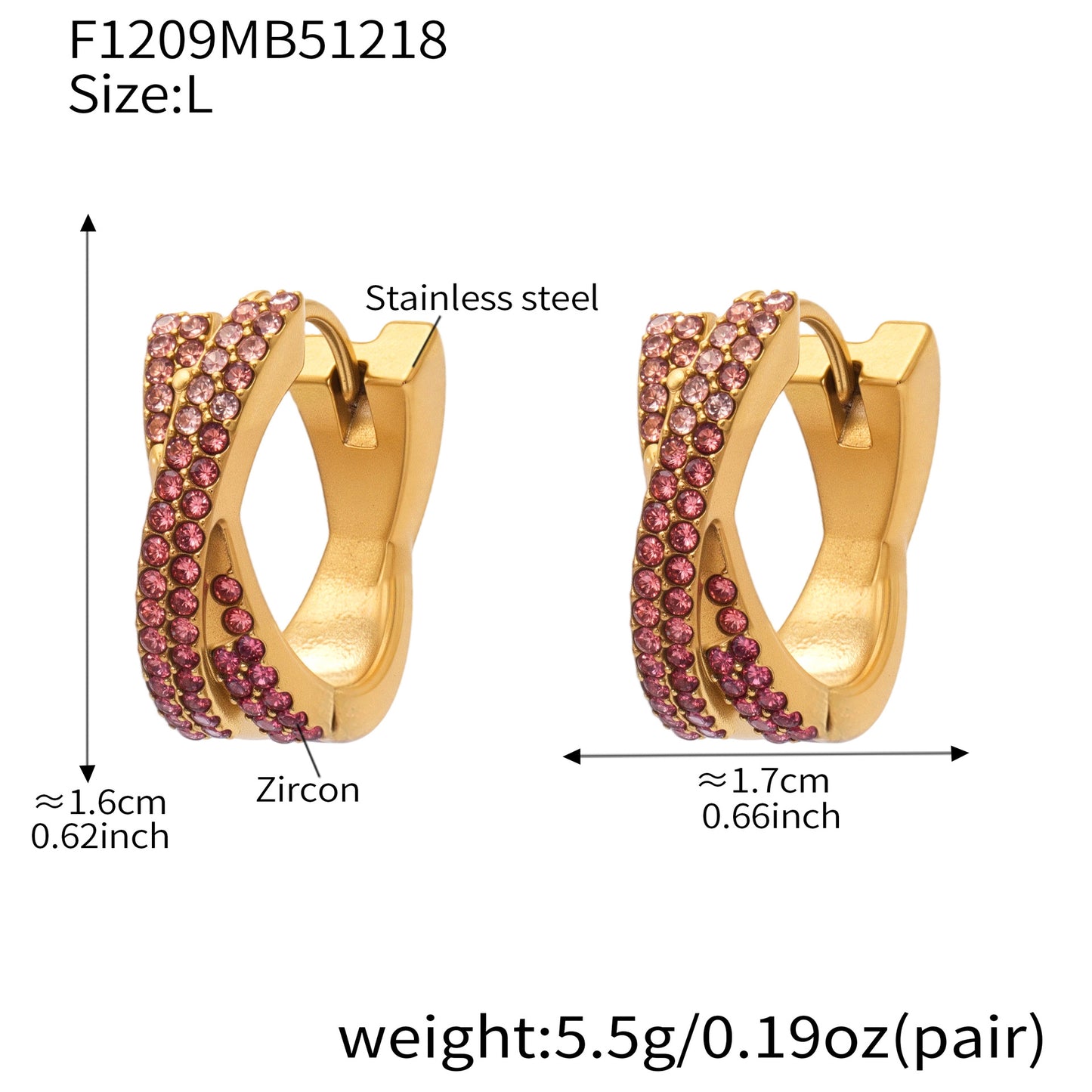 316L Stainless Steel 18K Gold Plated Colorful Zircon Criss-Cross Huggie Hoop Earrings