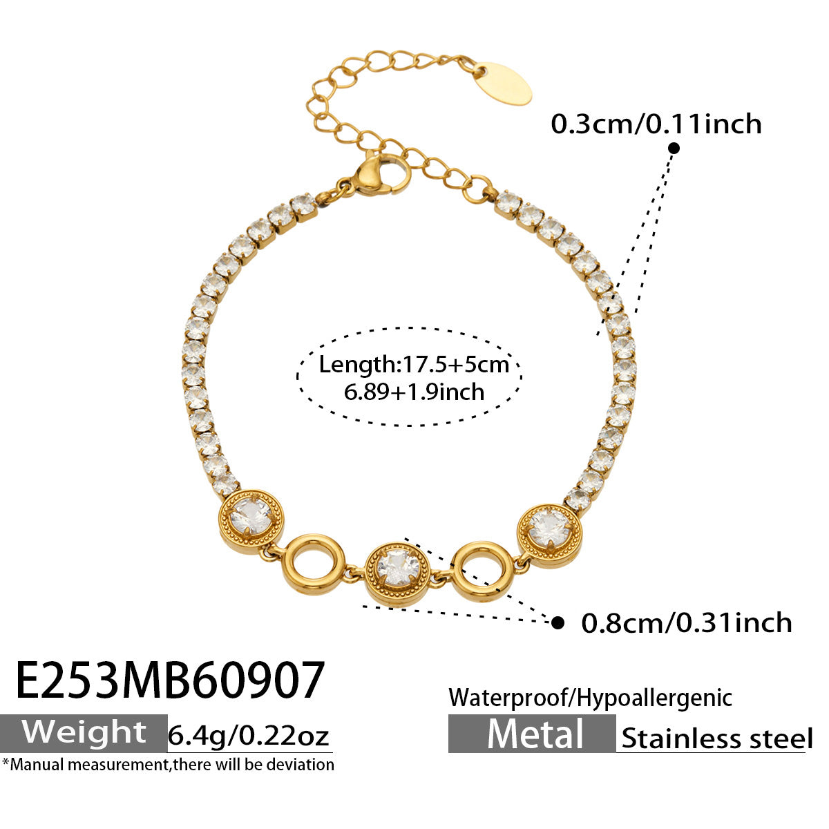 E253 white zircon gold bracelet size details