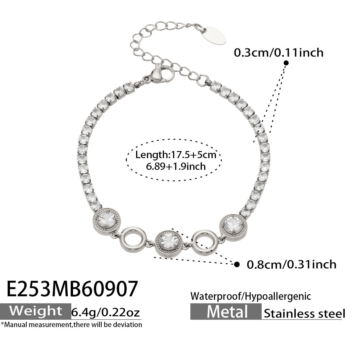 E253 white zircon steel bracelet size details