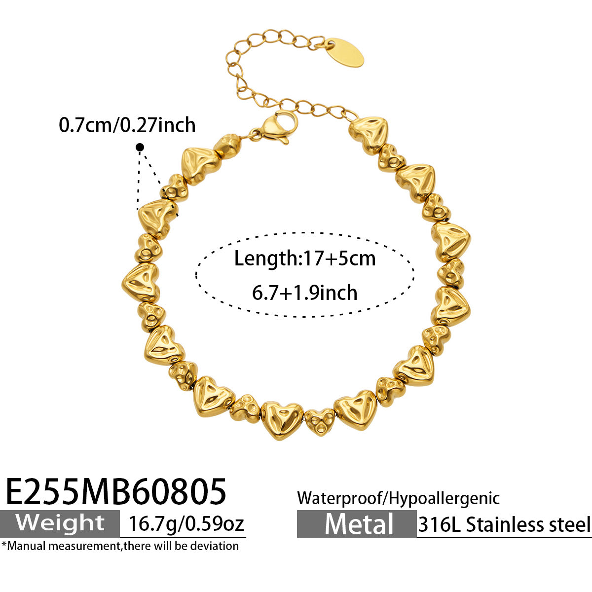 E255 hammered heart-link bracelet size and measurement guide