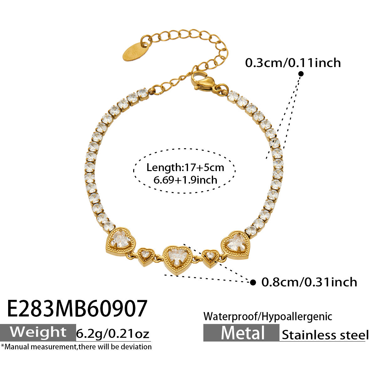 E283 white zircon gold bracelet size details