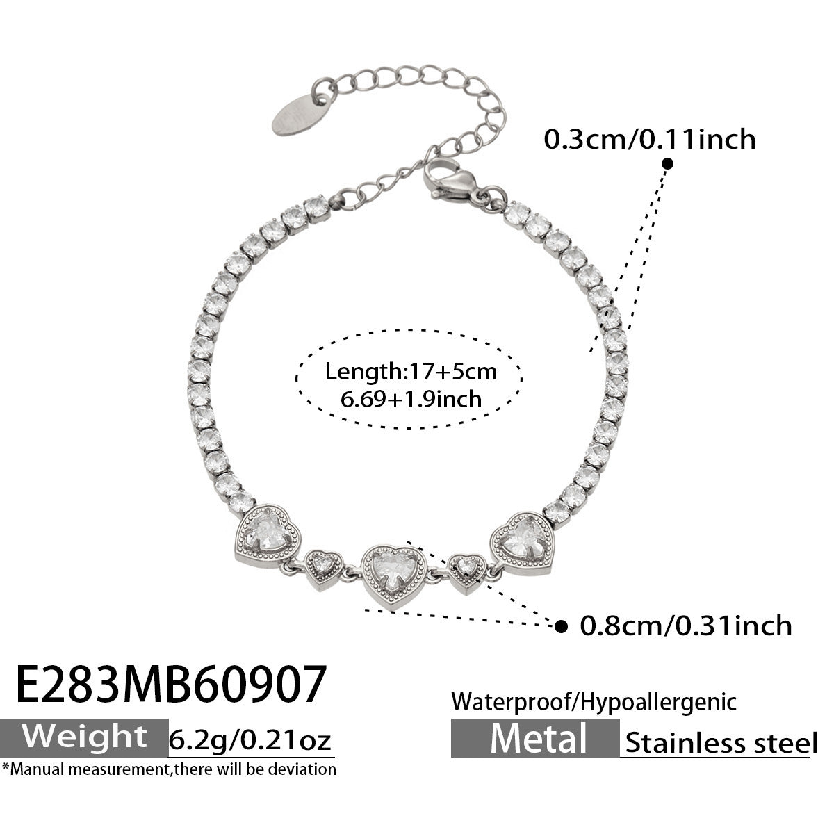 E283 white zircon steel bracelet size details