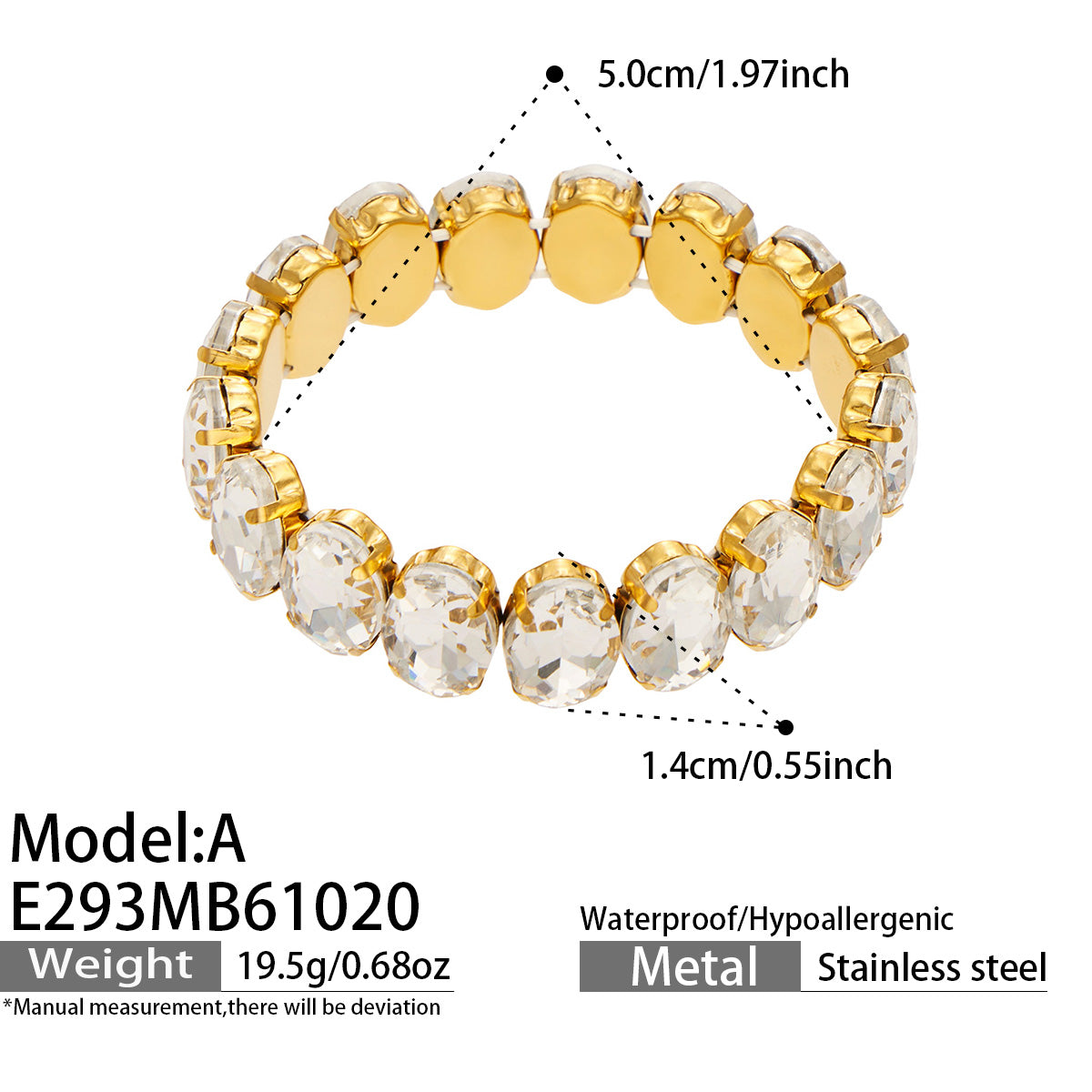 E293 Model A gold stretch bracelet with oval glass rhinestones and size specifications