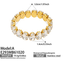 E293 Model A gold stretch bracelet with oval glass rhinestones and size specifications