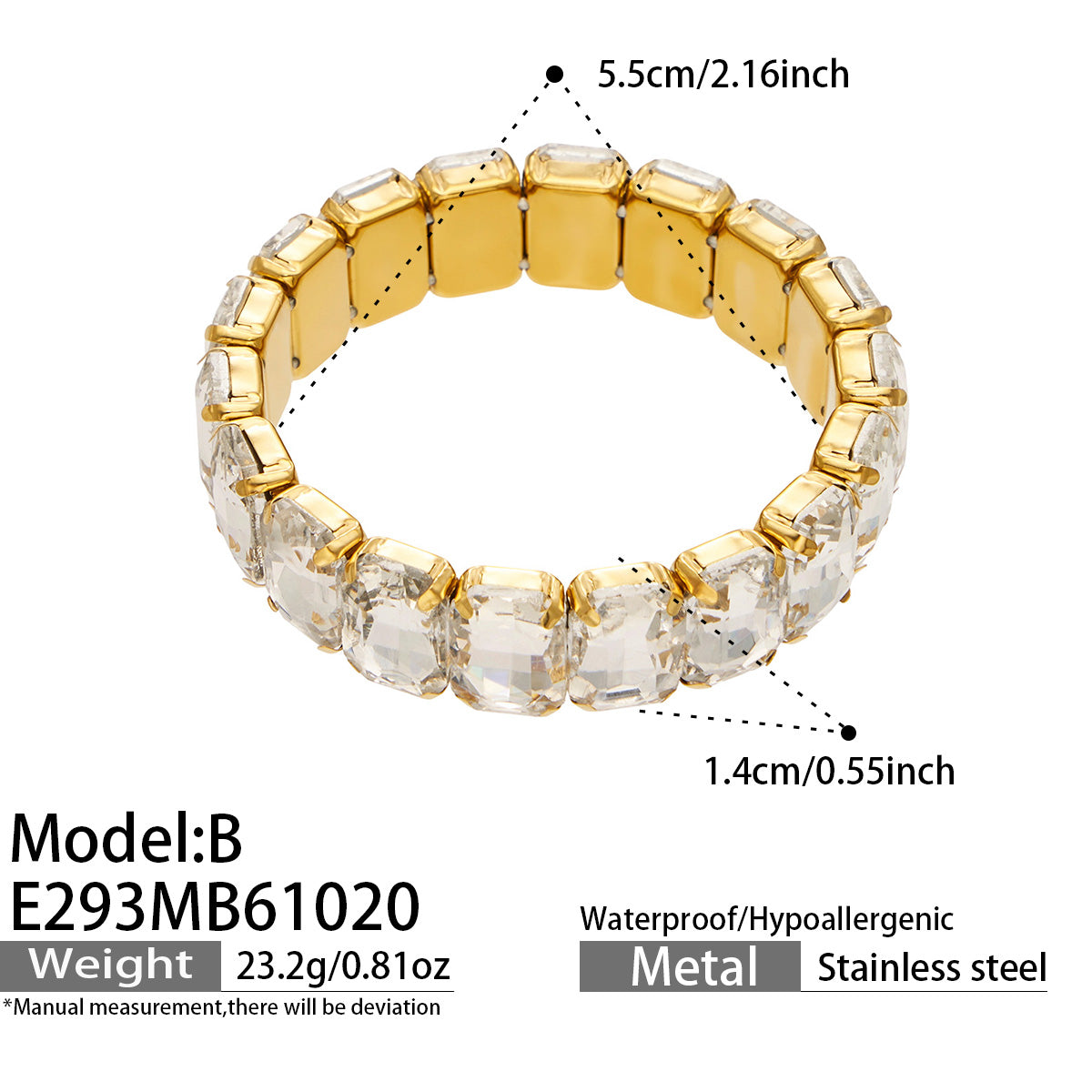 E293 Model B gold stretch bracelet with square glass rhinestones and size specifications