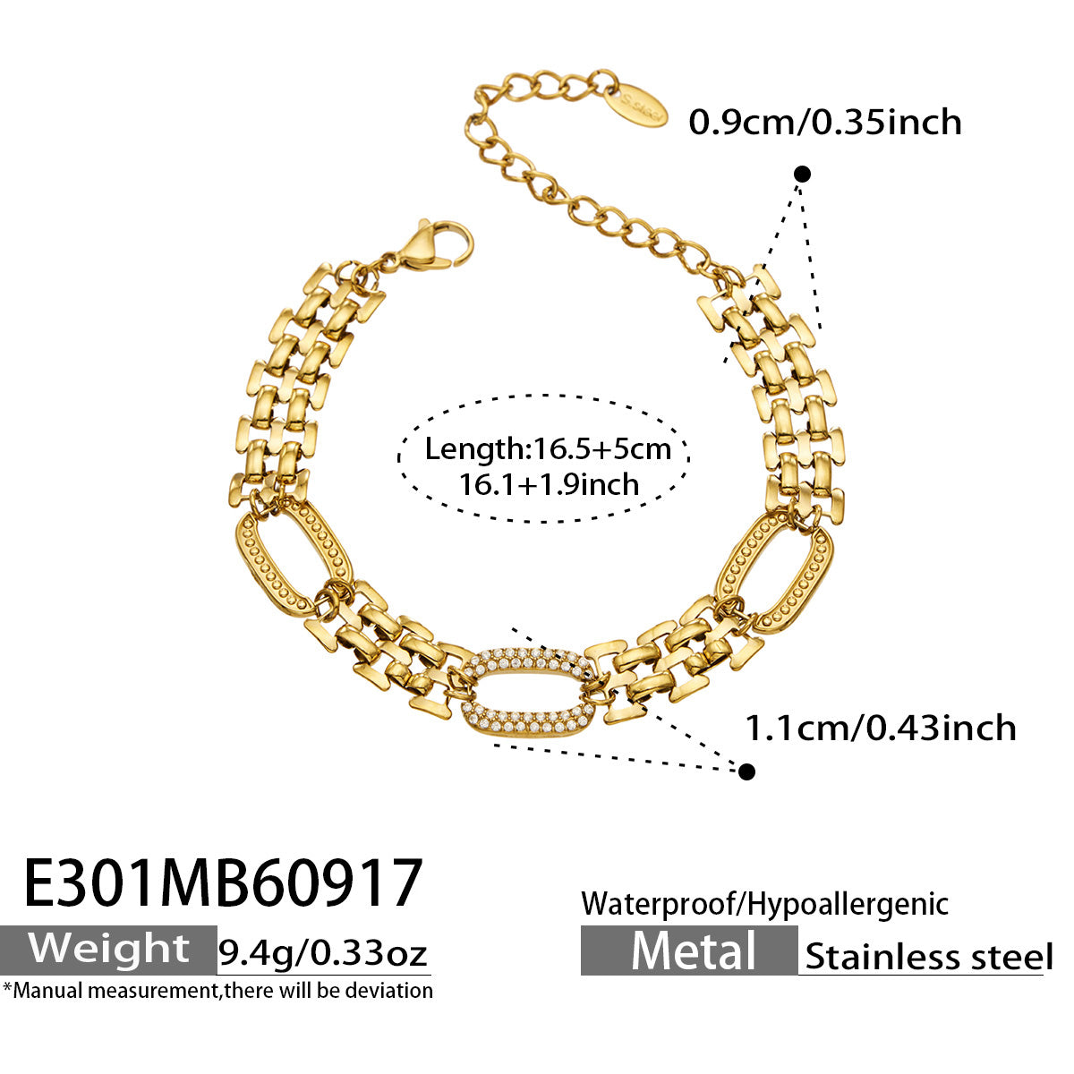 E301 zircon watch band chain bracelet 16.5+5 cm size details
