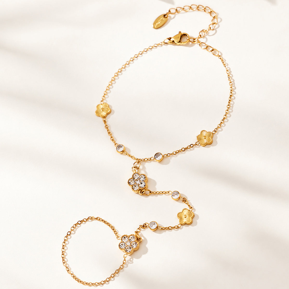 E304 Model A gold-tone stainless steel CZ flower hand chain bracelet with finger ring