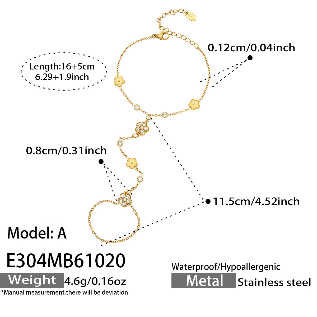 E304 Model A stainless steel CZ flower hand chain bracelet with size and weight specifications