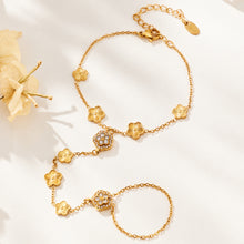 E304 Model B gold-tone stainless steel CZ flower hand chain bracelet with finger ring