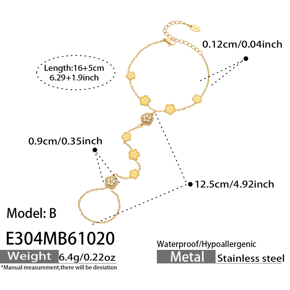 E304 Model B stainless steel CZ flower hand chain bracelet with size and weight specifications