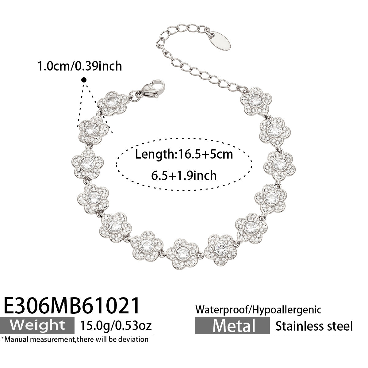 E306 steel-tone cubic zirconia flower bracelet with size and weight specifications