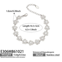 E306 steel-tone cubic zirconia flower bracelet with size and weight specifications