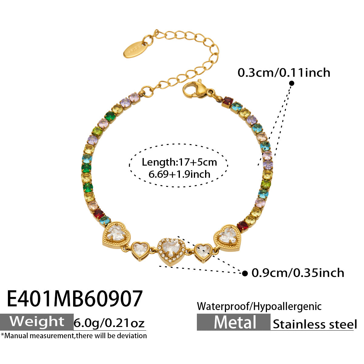E401 multicolor zircon gold bracelet size details