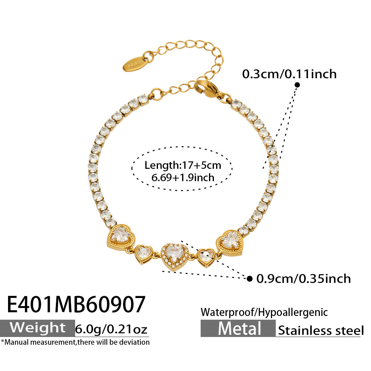 E401 white zircon gold bracelet size details