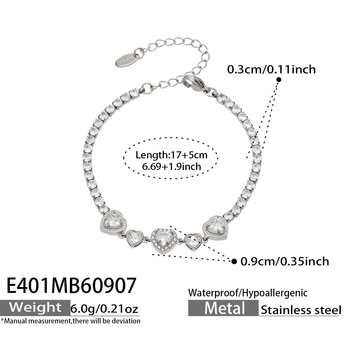E401 white zircon steel bracelet size details