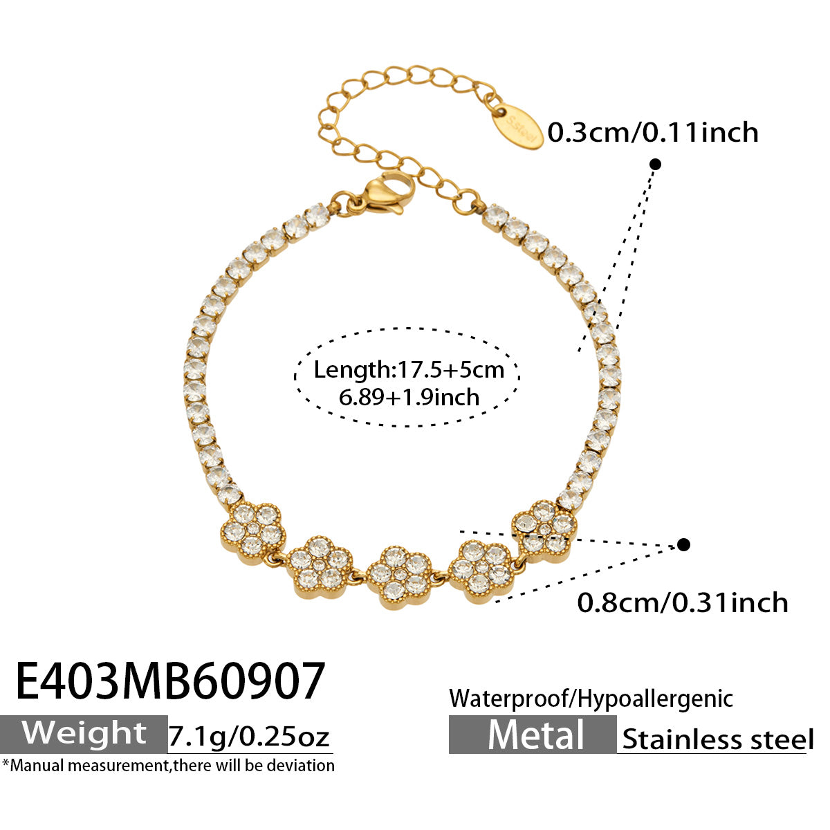E403 white zircon gold bracelet size details