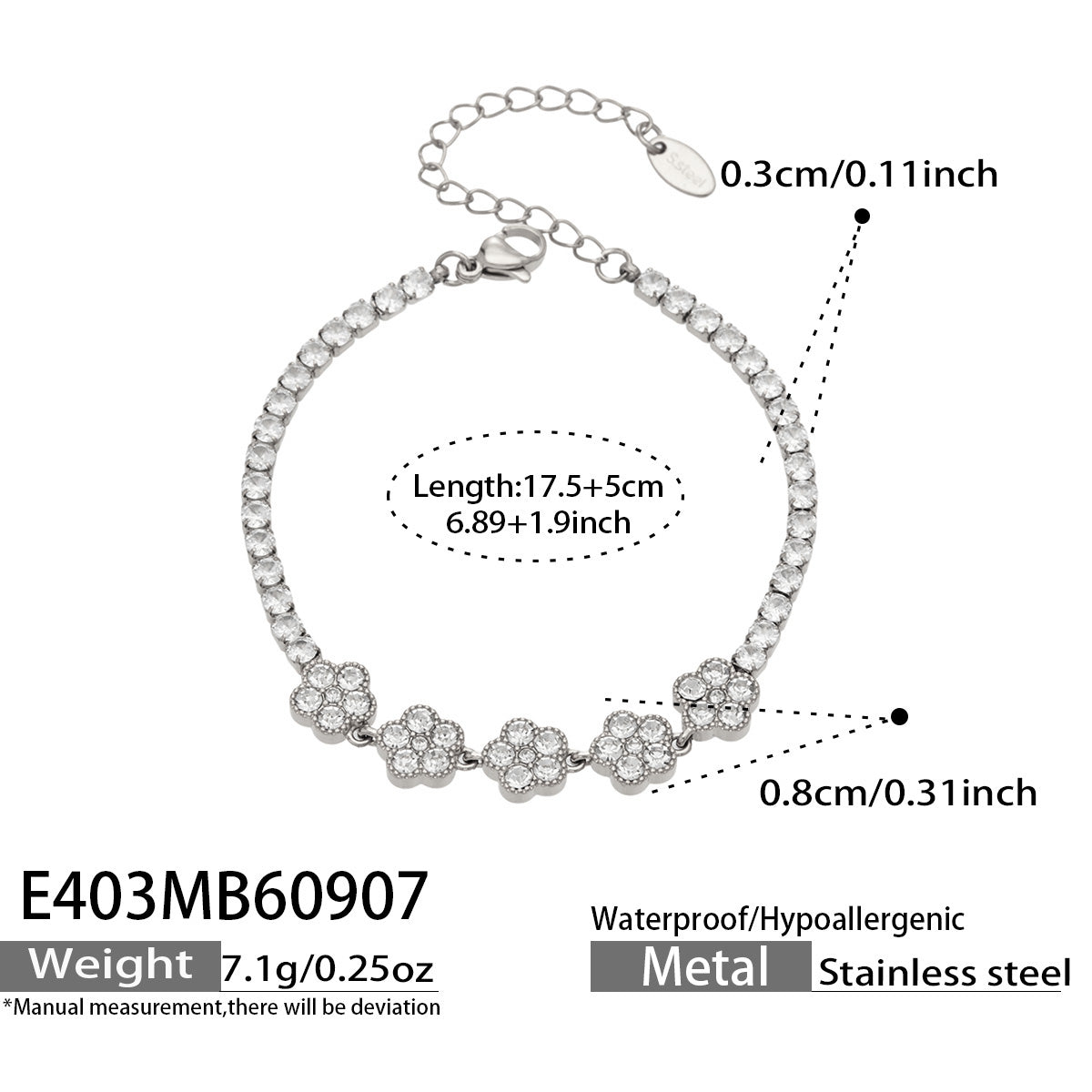 E403 white zircon steel bracelet size details