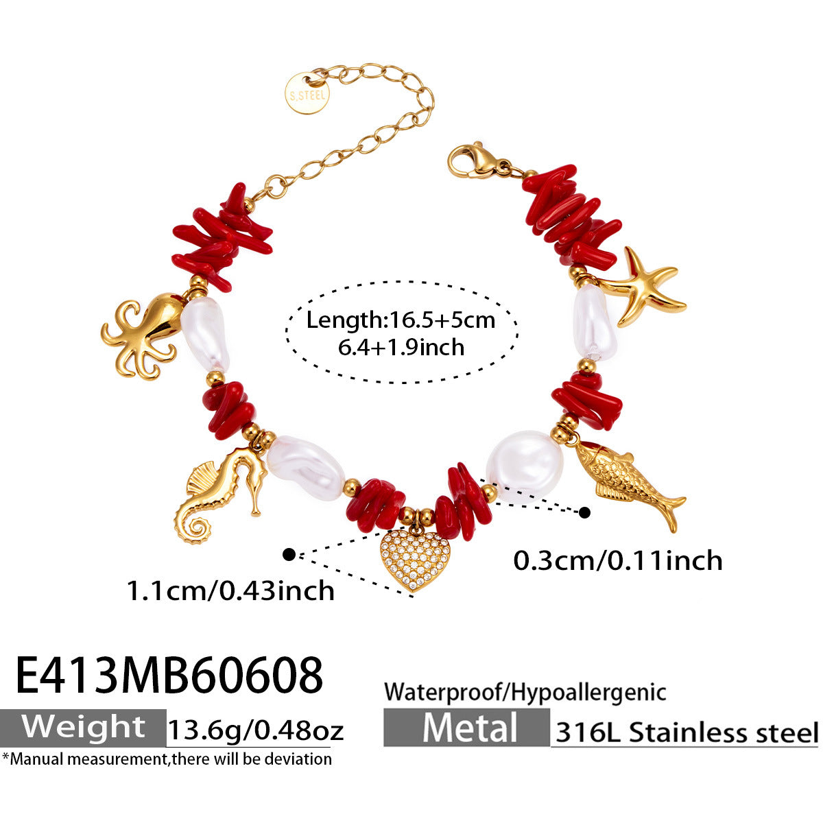 E413 gold ocean charm bracelet size card showing 16.5 plus 5cm length and 316L stainless steel material