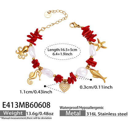 E413 gold ocean charm bracelet size card showing 16.5 plus 5cm length and 316L stainless steel material